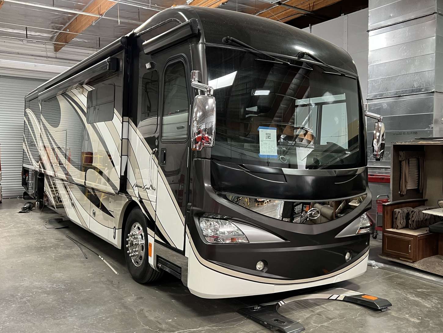 Class A motorhome under body repair