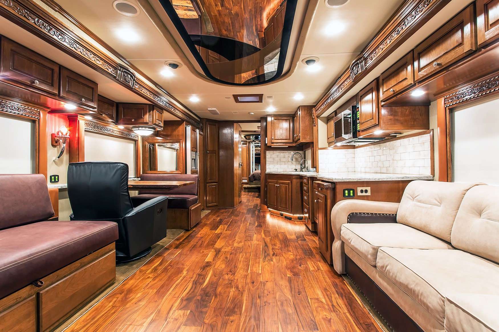 Rebuilt coach interior with new cabinetry and flooring